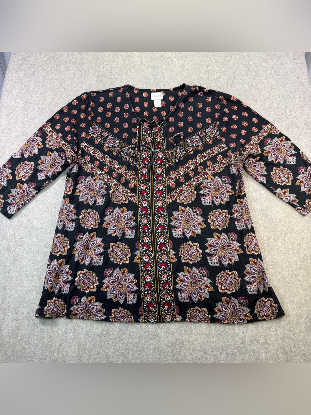 Chico's Fall Black Floral Medallion Tunic Sz 2 (Lg/12) Bohemian/Flowy/Casual